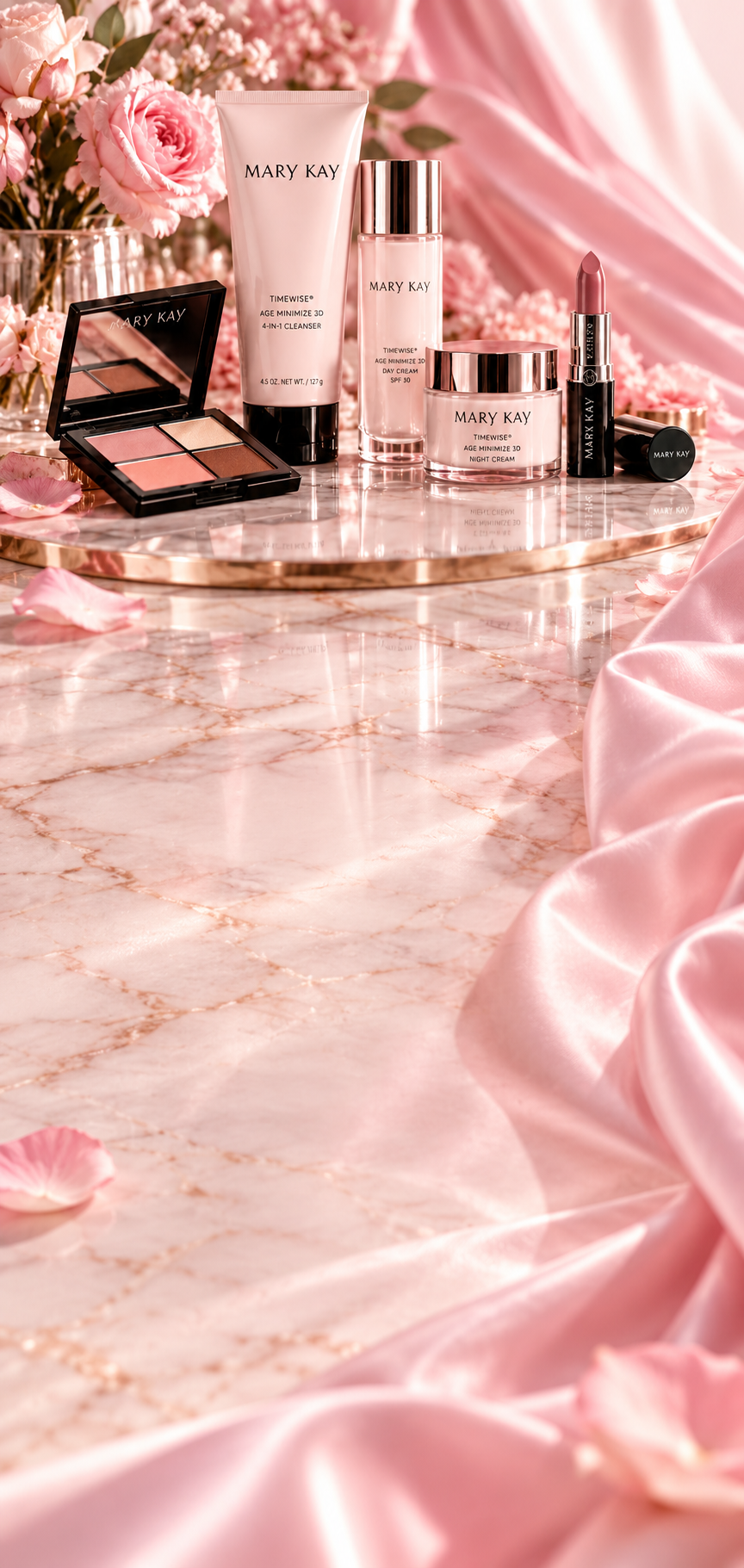 Крупный план средств Mary Kay на розовом фоне