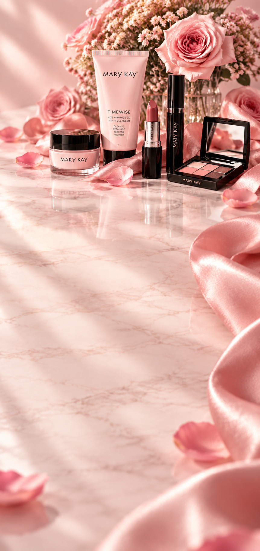 Средства Mary Kay рядом с цветами
